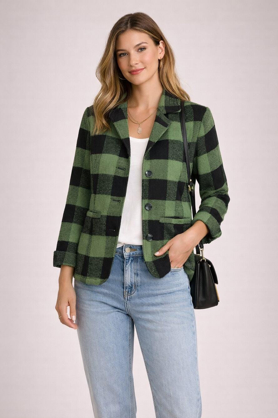 ANTHROPOLOGIE Tulle Green Black Buffalo Plaid Wool Blend Jacket Coat Size M